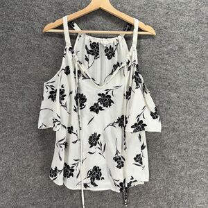 Sienna Sky Blouse Women L Large White Floral V-Neck Tasseled Cold Shoulder